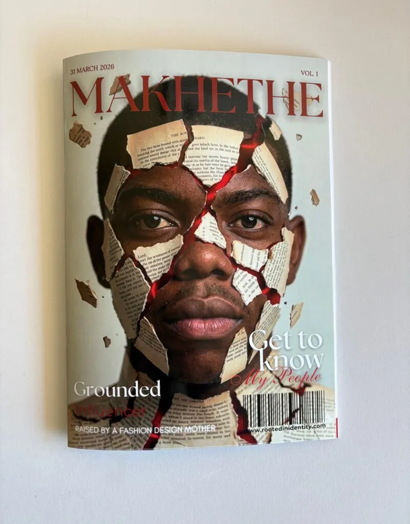 Makhethe magazine cover — a portrait collage of torn book pages with crimson cracks